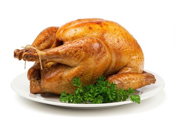 A golden brown roasted turkey served on a white plate, garnished with fresh parsley isolated on white background