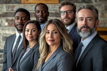 A group of business people stand in front of a brick wall, ready to discuss their next move