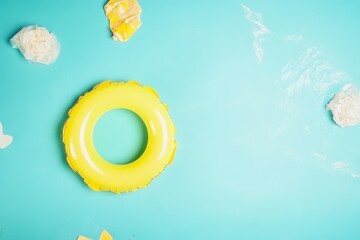 The bright yellow pool float contrasts beautifully against the vibrant aqua background, evoking feelings of summer fun and relaxation at the pool or beach.