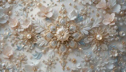 Intricate decorative wall art featuring floral motifs and pearls, showcasing elegant design and opulent detail
