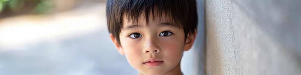 A young boy leaning against a wall, casual and relaxed