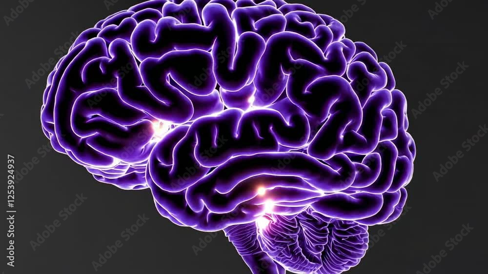 Poster Rotating purple human brain revealing intricate neural connections, pulsing with vibrant energy against shadowy background, showcasing complex neurological networks and cognitive pathways