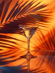 Golden reflections illuminate a tropical cocktail glass as palm leaf shadows create a relaxing and vibrant atmosphere