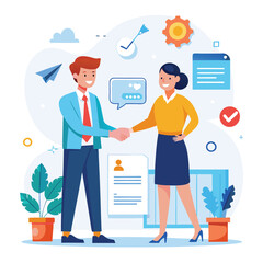 People shaking hands at work - Two businesspeople, man and woman doing handshake in office at work while smiling over business agreement and deal. Flat design stock illustration on white background