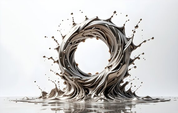Liquid Metal Torus Melting in Mid-Air on White background, grunge splash frame