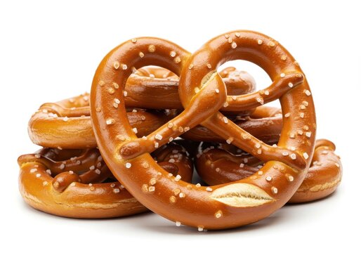 A pile of salted pretzels with shiny surfaces and coarse salt isolated on white background