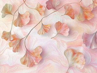watercolor ginkgo leaf pattern with soft pastel swirls featuring flowing organic shapes in peach, pink, and beige tones, perfect for textiles, wallpapers, and artistic backgrounds