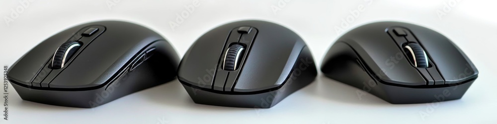 Poster three computer mice sitting side by side on a white surface