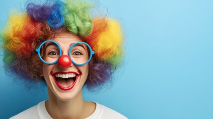 Cheerful female clown with multicolored wig and red nose on blue background
