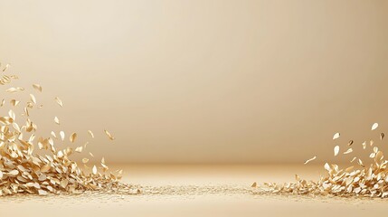 Golden oats falling, beige background, food ad