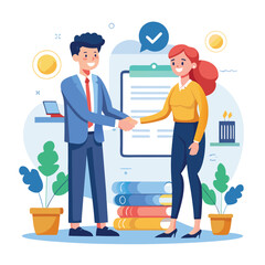 People shaking hands at work - Two businesspeople, man and woman doing handshake in office at work while smiling over business agreement and deal. Flat design stock illustration on white background