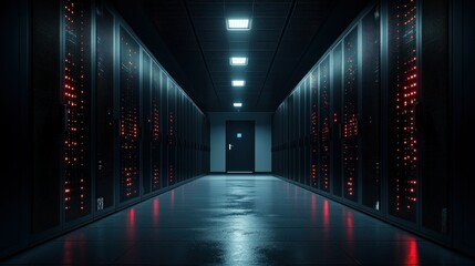 Fototapeta premium Server room corridor, data center, night, glowing lights, technology