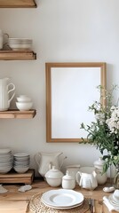 A cottagecore farmhouse setting with wooden shelves, pastel tableware, and a blank framed canvas.