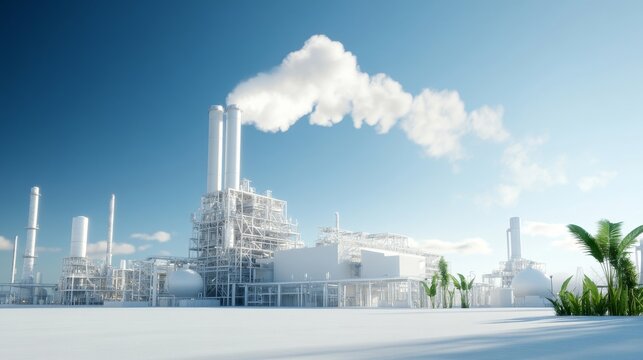 Modern Industrial Facility with Emission Smoke Streams Against a Blue Sky, Showcasing Advanced Technology and Environmental Awareness in Manufacturing Processes
