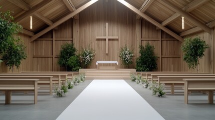 Modern wooden chapel wedding ceremony setup