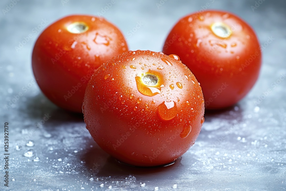 Poster a still life image of three fresh tomatoes placed on a table surface covered with water