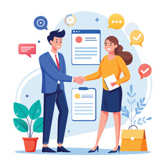 People shaking hands at work - Two businesspeople, man and woman doing handshake in office at work while smiling over business agreement and deal. Flat design stock illustration on white background