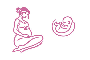 Minimalist line art of pregnant woman and baby icon, pink on white