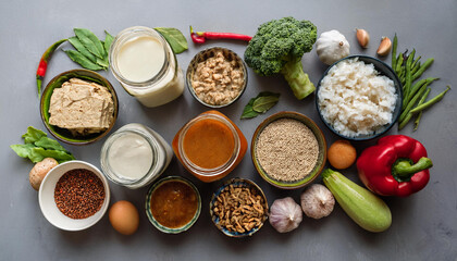 a vibrant flat lay of organic fermented foods including miso tempeh and kefir surrounded by fresh vegetables and spices highlighting the natural fermentation process
