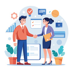People shaking hands at work - Two businesspeople, man and woman doing handshake in office at work while smiling over business agreement and deal. Flat design stock illustration on white background