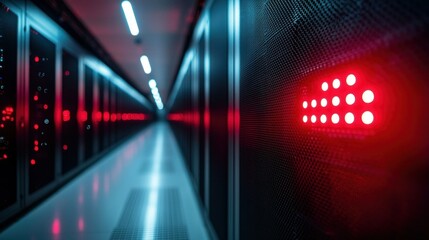 Server room corridor, red lights, data center, technology