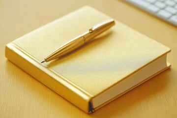 A pen sits on top of a book next to a keyboard, great for office or study settings