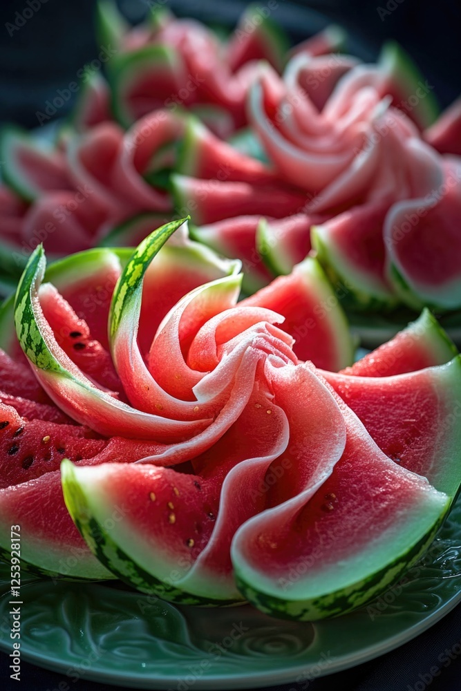 Poster fresh watermelon slices arranged neatly on a plate, ready for serving or snacking