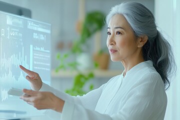 A woman examining data on her computer, with multiple graphs displayed