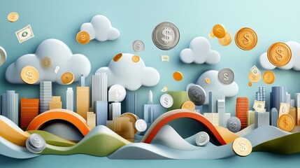 Abstract cityscape with colorful hills and floating coins, representing finance, investment, and economic growth against a vibrant sky backdrop