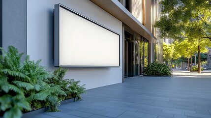 An empty digital billboard stands against a modern building, framed by lush greenery and a calm, sunny atmosphere in the city. Billboard Mockup