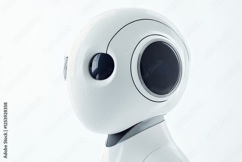 Poster A close-up view of a robot's head on a white background