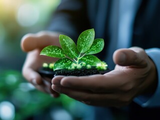 man Holding New Life, Plant Sprout in Hand