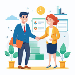 People shaking hands at work - Two businesspeople, man and woman doing handshake in office at work while smiling over business agreement and deal. Flat design stock illustration on white background