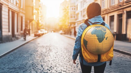 Woman wearing a yellow backpack is walking down a city street