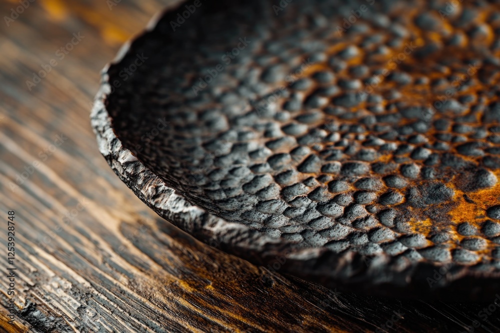 Poster a close-up shot of a metallic object resting on a wooden surface