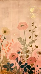 Floral Watercolor Dream: A soft pink and gold watercolor illustration captures the ethereal beauty of a garden bursting with delicate blooms, creating a sense of tranquility and serenity.