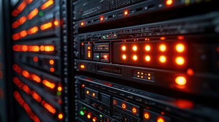 Server room, data center, glowing lights, network, technology