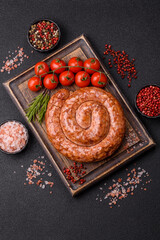 Delicious homemade sausage in the shape of a snail or spiral