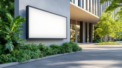 A modern, blank billboard stands outside a sleek office building, surrounded by lush greenery, showcasing a fresh and inviting urban atmosphere. Billboard Mockup