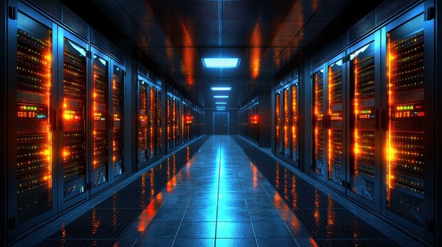 Server room corridor, glowing servers, data center, technology