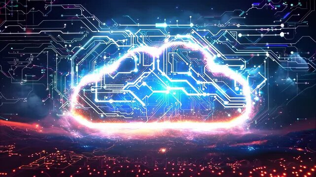 A digital cloud symbol surrounded by circuit patterns, representing cloud computing and technology concepts.