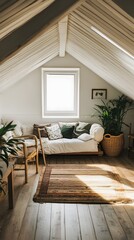 A cozy attic-turned-studio with wooden floors, soft furnishings, and a centered blank white frame.
