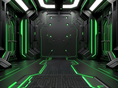 Sci-Fi Corridor: A futuristic hallway with sleek, black walls and glowing green lines, leading to an unknown destination. The design is minimalist and modern.