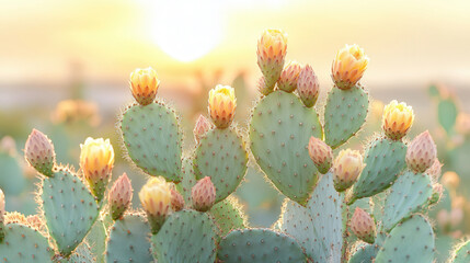 Brightly blooming prickly pear cactus against a soft background at sunrise with warm hues and detailed textures
