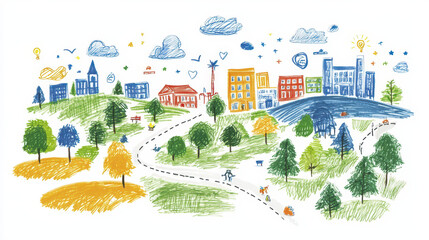 whimsical doodle map illustrating vibrant landscape with buildings, trees, and clouds, evoking sense of adventure and