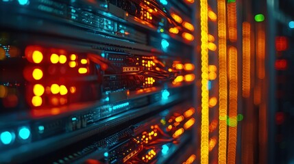 Server room data center network cables glowing