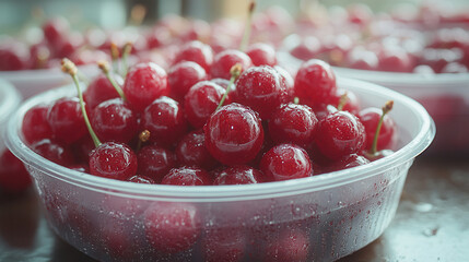 Fresh cherry berries in a transparent container on a minimalistic white background with space for text