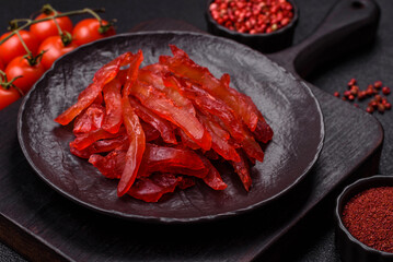 Dried chicken slices, jerky, with cherry or plum flavor, salt and spices