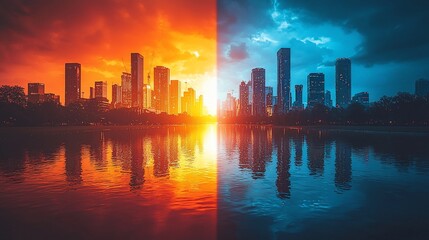 Fototapeta premium Cityscape split sunset sunrise reflection lake