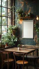 Fototapeta premium A cozy café-style home setup with a rustic wooden table and a white frame resting on it.